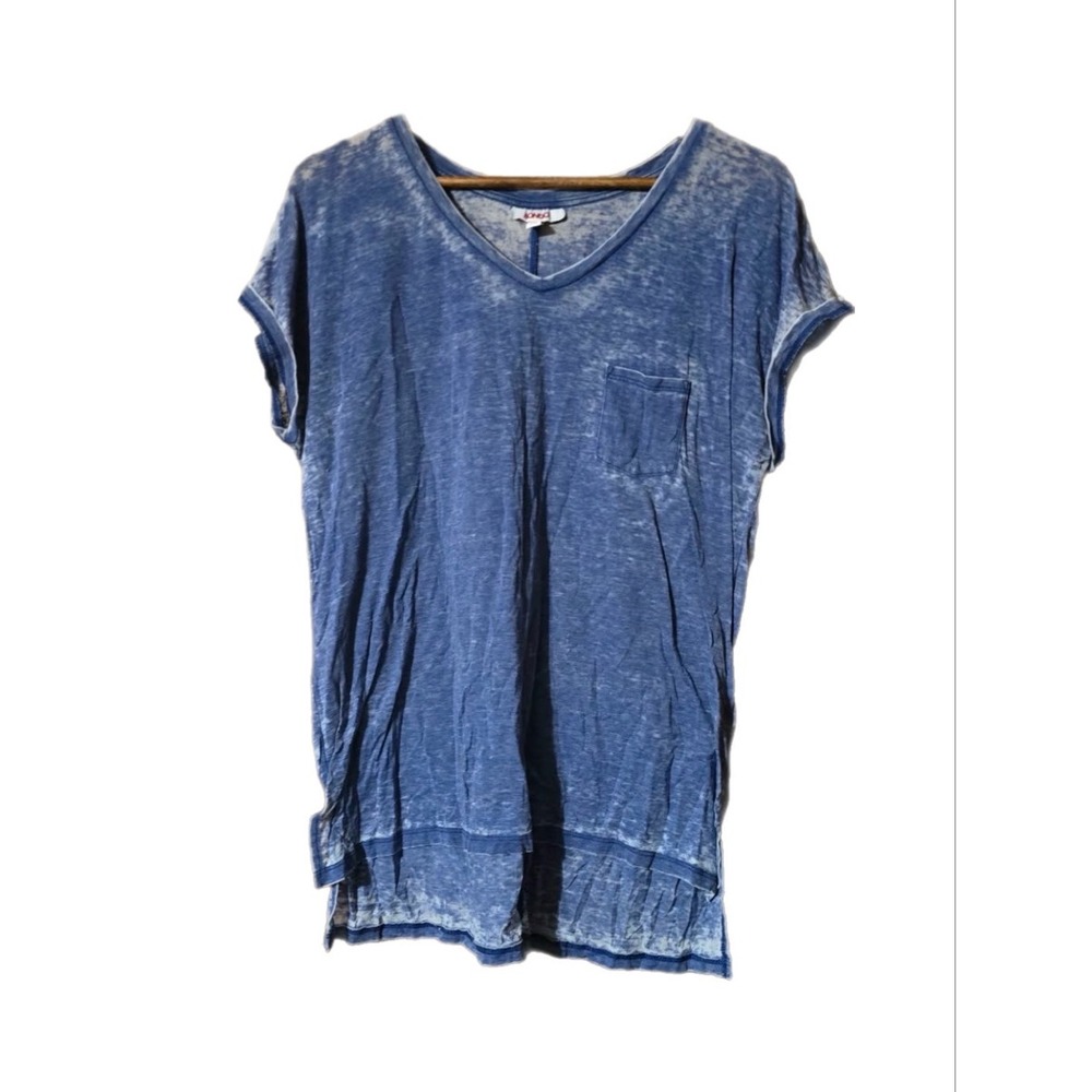 Bongo Pocket Tee Women L Blue Excellent Acid Wash V-Neck High-Low Relaxed
